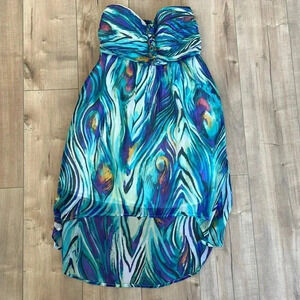2B Bebe Strapless Sweetheart Peacock Hi-Lo Dress Sz S